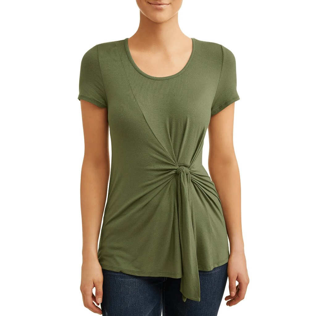 3/$20 Tie Waist Short Sleeve T-Shirt, Bay Leaf
